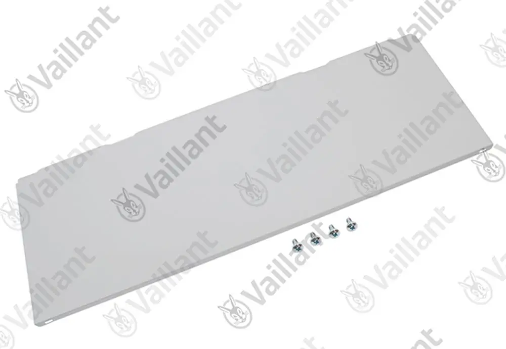 Vaillant Metallblech in rechteckiger Form, kombiniert mit Schrauben, auf weißem Hintergrund.